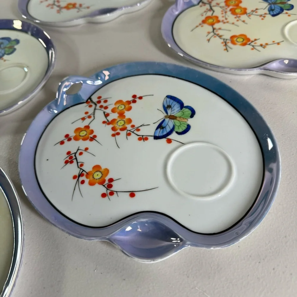 vintage Japanese porcelain plates SEIEI Co handpainted floral butterfly 5pc